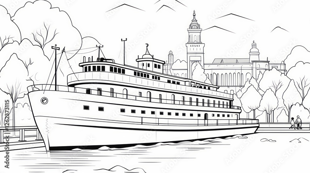 Obraz premium Yacht moored in urban harbor, line art style. AI image