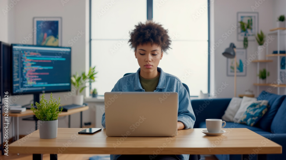Young Woman Coding on Laptop in a Modern Workspace During Daylight Hours Young Woman Coding on Laptop in a Modern Workspace During Daylight Hours