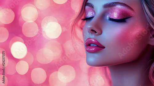 Sparkling lips with glitter makeup in a vibrant bokeh background
