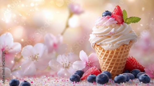 Delightful ice cream cone topped with berries and mint amidst pink blossoms i...