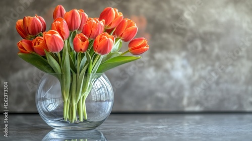 White tulips arranged in a glass vase on a table, illuminated by soft morning...
