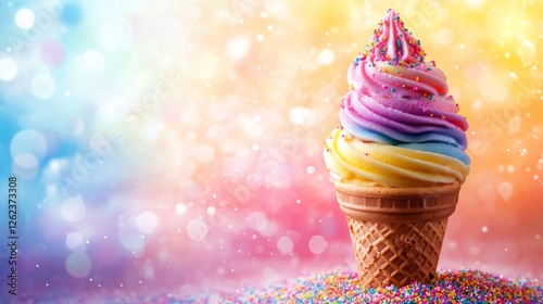 Colorful ice cream cone with rainbow sprinkles against a vibrant bokeh backgr...