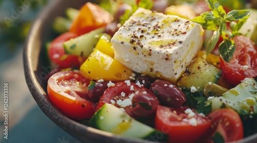 Fresh Greek salad with tomatoes, cucumbers, olives, and feta cheese in outdoo...