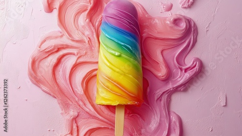 Colorful rainbow ice pop against a vibrant blurred background in summer