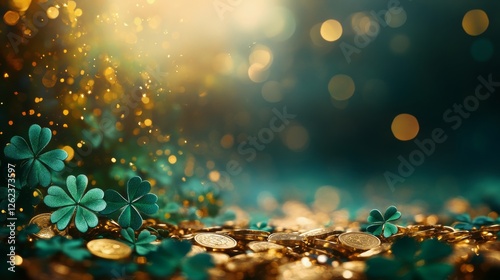 Celebration of St Patrick's Day with gold coins and clovers in a glowing atmo...