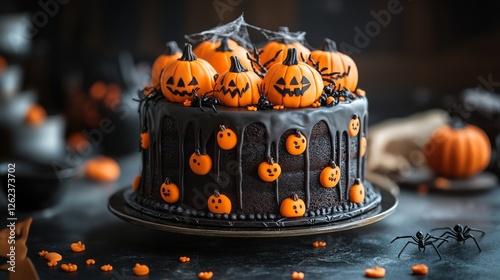 Spooky Halloween cake decorated with pumpkins and spiders for a festive celeb...