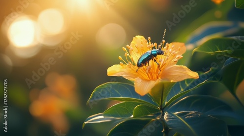 Beetle resting on yellow flowers at sunrise in a garden