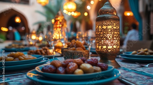 Festive dining setting with illuminated lanterns and traditional sweets in a ...