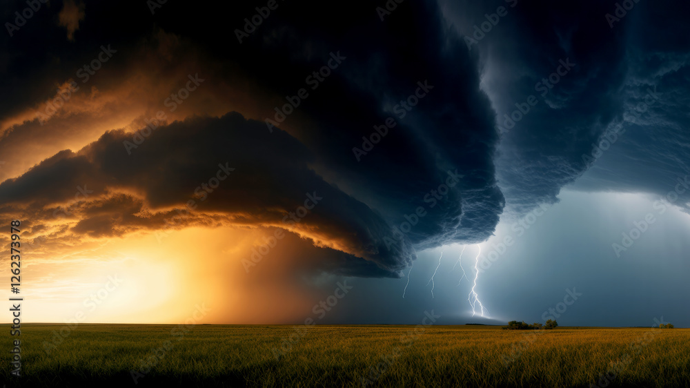 Dramatic Storm Clouds Gather Over a Sprawling Green Field During Twilight With Flashes of Lightning and an Orange Sky Dramatic Storm Clouds Gather Over a Sprawling Green Field During Twilight With Flashes of Lightning and an Orange Sky