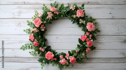 Colorful floral wreath resting against a rustic wooden background for seasona...