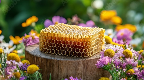 Bees collecting nectar from colorful blossoms near honeycomb on a bright sunn...