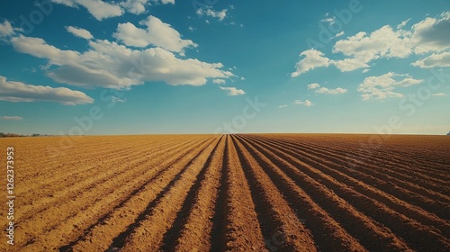 Expansive golden field under a clear blue sky during midday in autumn landscape