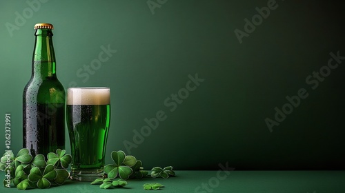 Green beer with clovers on a vibrant green background for celebration