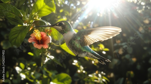 Hummingbird feeding on flower in a lush garden during golden hour