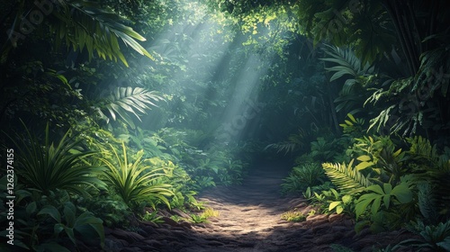 Lush forest path illuminated by sunlight filtering through dense foliage in a...