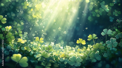 Bright sun illuminates green clover field against blue sky with clouds in rur...