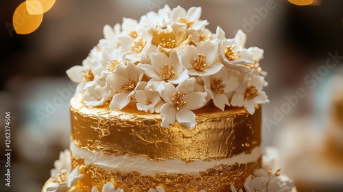 Elegant cake adorned with gold accents and delicate white flowers for special...