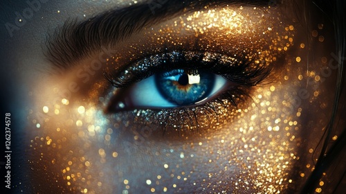 Sparkling blue eye with glitter makeup reflecting light in a vibrant setting