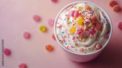 Colorful dessert topped with gummy candies and sprinkles in a pink setting