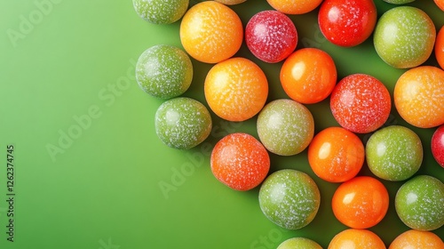 Colorful assortment of fruit-flavored candies scattered on a vibrant green ba...