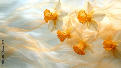 Bright daffodils in a warm glow celebrate springtime beauty in a vibrant outd...