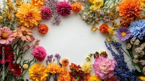Bright assortment of fresh flowers creating a vibrant border on a white backg...