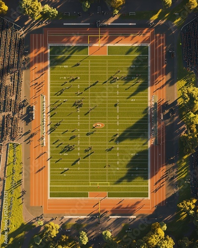 football field bordered by a track and seating areas, with players engaged in an intense scrimmage
