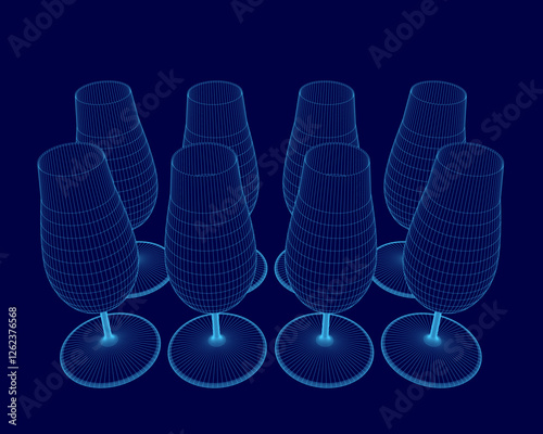 A blue image of wine glasses. The glasses are all lined up in a row, with the top of the glasses visible. The image has a modern and sleek feel to it