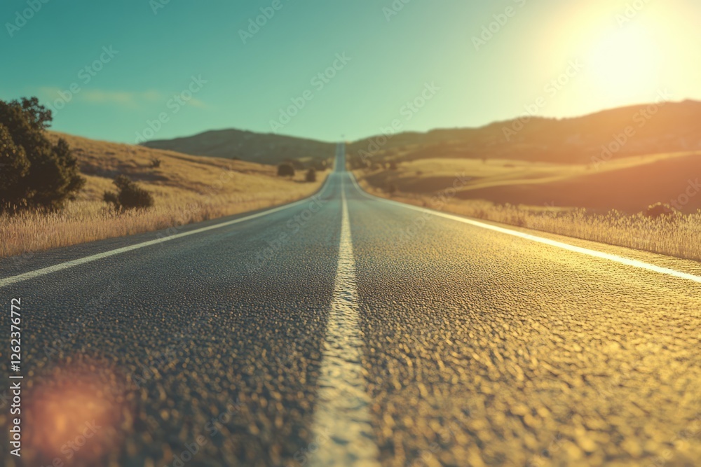 Naklejka premium Endless road under bright sun in vast landscape. AI image
