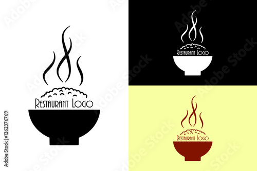 illustration of steaming rice bowl, soup bowl, japanese cuisine, chinese food, restaurant logo, food van, food cart, rice, dishes, healthy, chef, recipe website, food blog, logo vector, silhouette