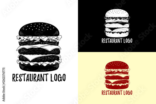 illustration of burger with layers of ingredients, beef burger, beef patty, fast food, bun, bread, cheese slice, restaurant logo, food cart, food van, food blog, recipe blog, vector, logo