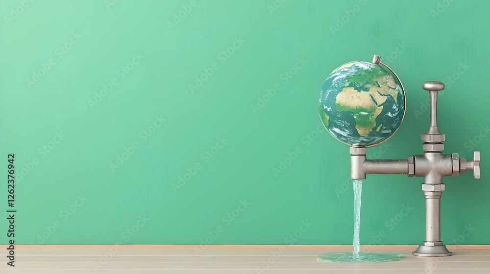Earth Globe Emerging from Faucet Illustrating Water Crisis Concept Earth Globe Emerging from Faucet Illustrating Water Crisis Concept