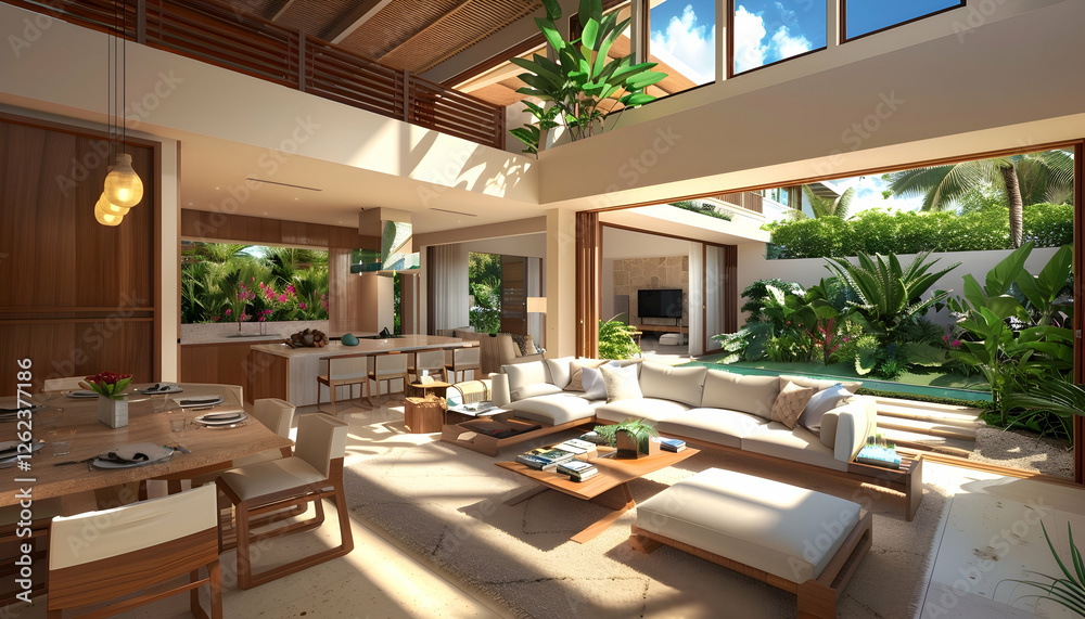 Fototapeta premium Sunlit Tropical Modern House 3D Illustration