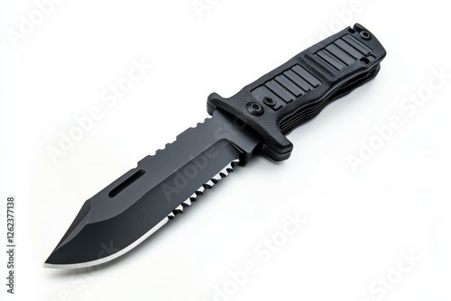 Black tactical knife on solid white background. AI image