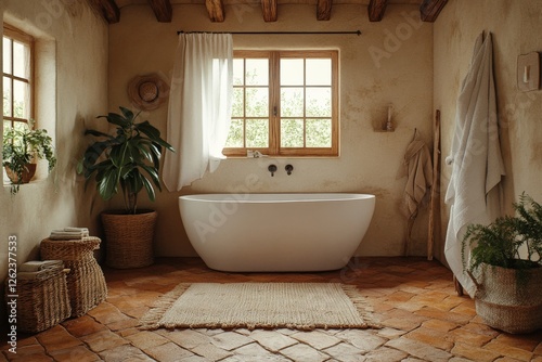 Elegant bathroom with a freestanding tub and natural decor in a sunlit space photo