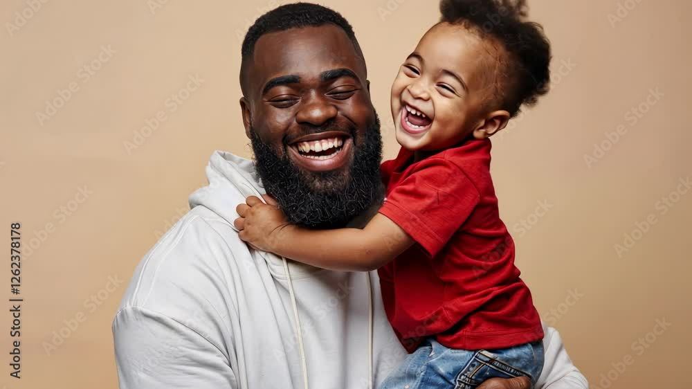 Joyful Father and Son Embracing Smiling Together Against a Light Beige Background Joyful Father and Son Embracing Smiling Together Against a Light Beige Background