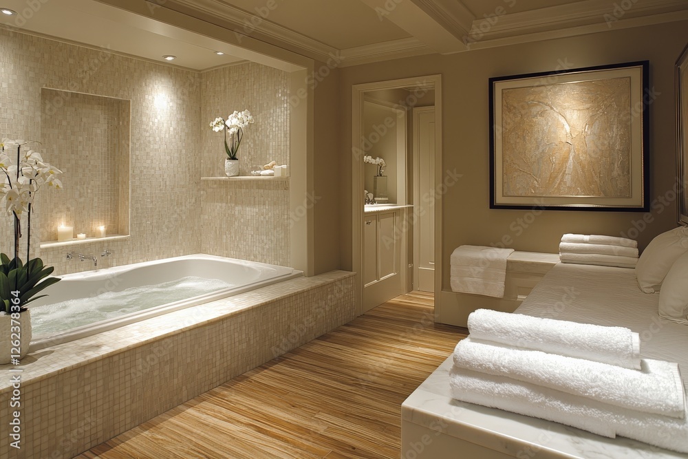 Fototapeta premium Luxurious spa room with a large bathtub, elegant decor, and relaxing atmosphere during the evening