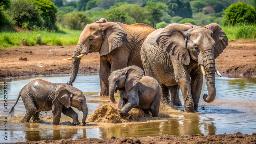 Fototapeta premium Family of Elephants Bathing Together in Natural Habitat