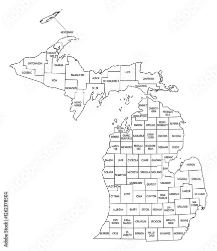 State of Michigan divided into counties, outline map. State in the Great Lakes region of the Upper Midwest of United States, subdivided into 83 counties. Map with boundaries and county names. Vector