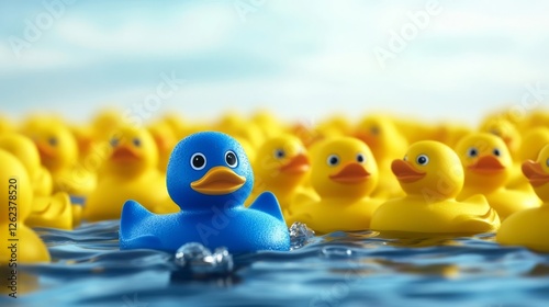 Bright yellow rubber ducks float in a serene pond with one standout blue duck swimming joyfully among the group