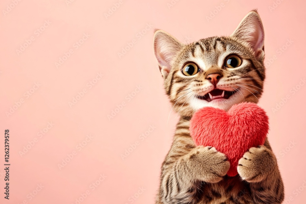 Obraz premium Promotion pattern. Cute ocicat baby cat with fluffy red heart - emblem of love, funny greeting card. Ocicat - my treasured cat. Cute kitten valentine gift. Valentine's photo ideas. Cute pet.