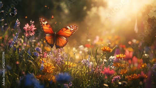 Fototapeta Naklejka Na Ścianę i Meble -  Butterfly Meadow Bliss Colorful Wildflowers and Butterflies in a Sunlit Meadow Creating a Serene and Enchanting Natural Scene of Beauty and Tranquility
