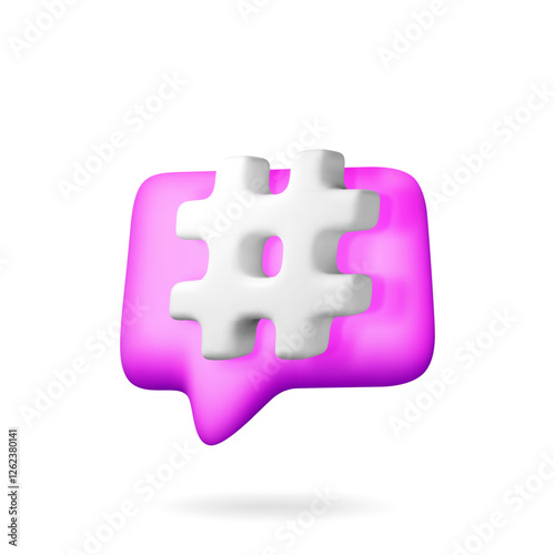 3D Hashtag icon on speech bubble isolated. Render hash tag icon for social media. Chat message, communication, ad, search and online community. Blog and social network. Vector illustration