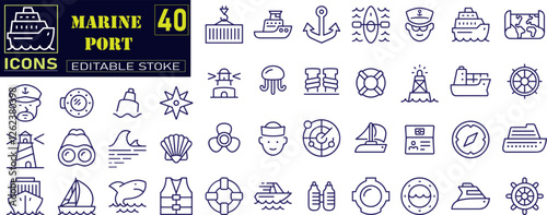 Set of outline icons related to marine port. port, ship, boat, harbor, crane, pier, wharf, logistic, captain, shipyard, Editable stroke.
