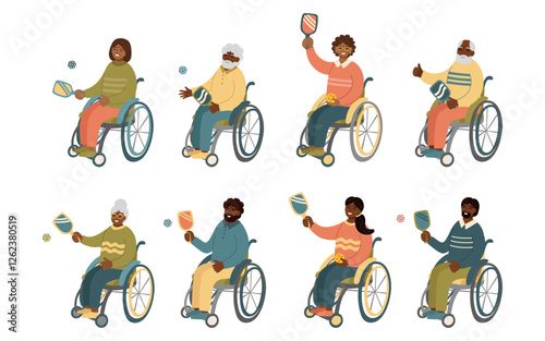 Set of wheelchair pickleball players isolated on white background. Concept of sport, team, active lifestyle, inclusive sports and adaptive recreation. Vector flat cliparts.