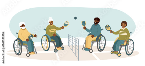 Wheelchair pickleball players on the court. Concept of inclusive sports and adaptive recreation. Vector hand drawn background.
