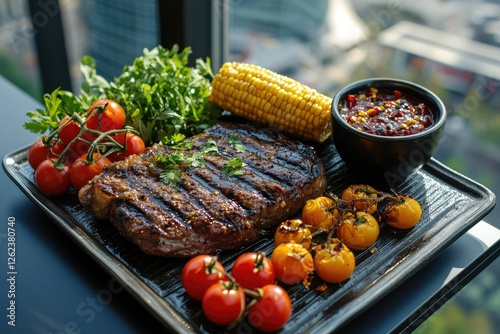 Grilled steak, corn, tomatoes, city view, restaurant photo