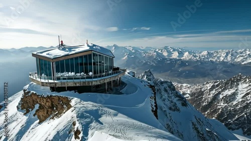 A mountain top covered in snow with a building in the distance. The building is a lodge and the mountain is a ski resort