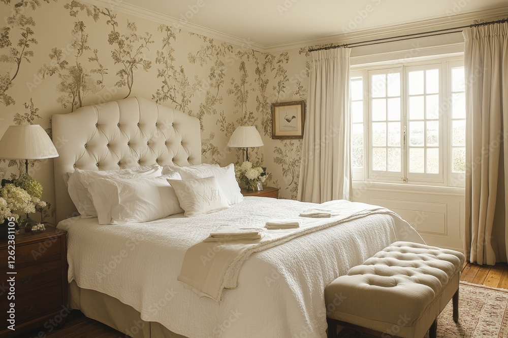 Fototapeta premium Cozy bedroom with classic floral decor and natural light in a serene setting for relaxing moments