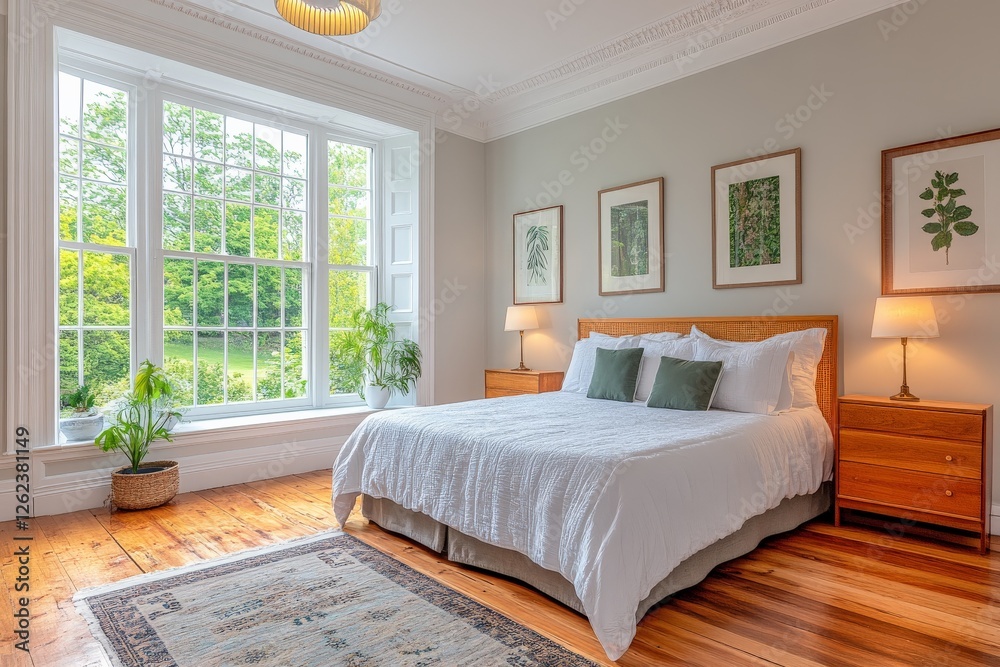 Fototapeta premium Bright and airy bedroom with large window and elegant decor in a peaceful setting
